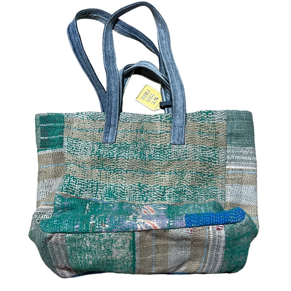 NEW FREE PEOPLE WE THE FREE BLUE GREEN SASHIKO TOTE BAG - Picture 4 of 13